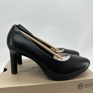 Clarks Ambyr Joy Shoes Womens Size 8 Black Leather Pump Round High Heel Dressy